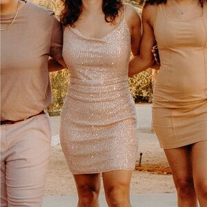 Drapey champagne sequin mini dress